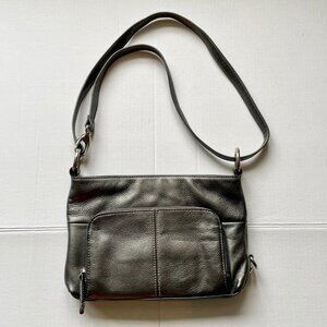 Tignanello grey pewter metallic crossbody shoulder bag leather
